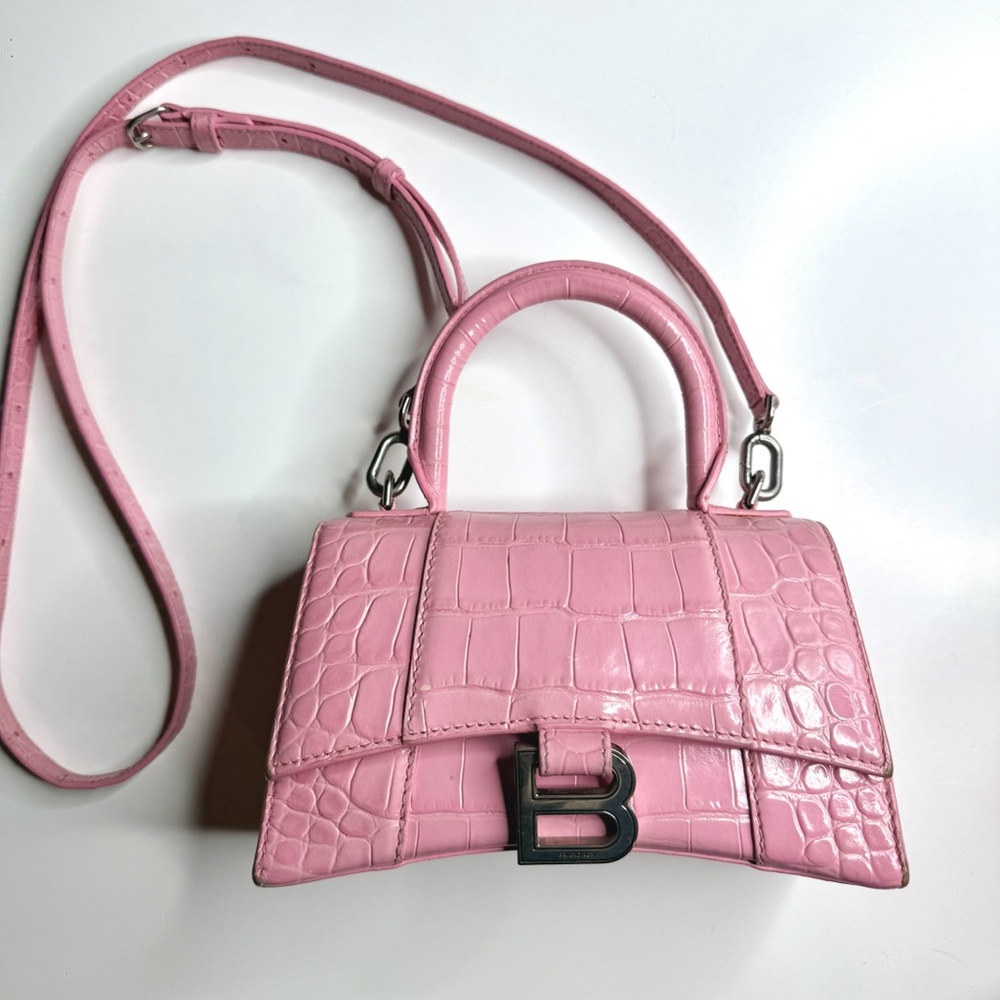 Balenciaga XS Hourglass Top Handle Bag Candy Pink Croc-Embossed Handbag